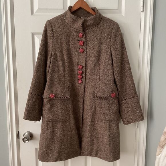 Soft Surroundings Wool Blend Pea Coat Brown Tweed Winter Outerwear Size L - Picture 1 of 5